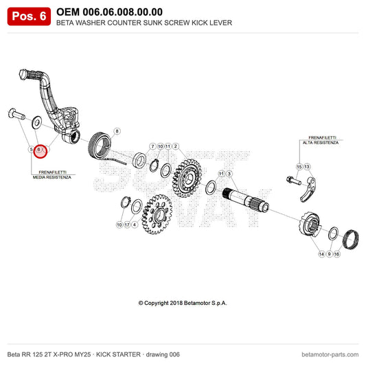 BETA WASHER COUNTER SUNK SCREW KICK LEVER – OEM 006.06.008.00.00, position 6 on the Beta RR 125 2T X-PRO MY25 kick starter drawing