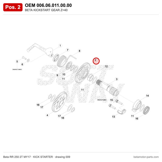 BETA KICKSTART GEAR Z=40 – OEM 006.06.011.00.00, position 2 on the Beta RR 250 2T MY17 kick starter drawing