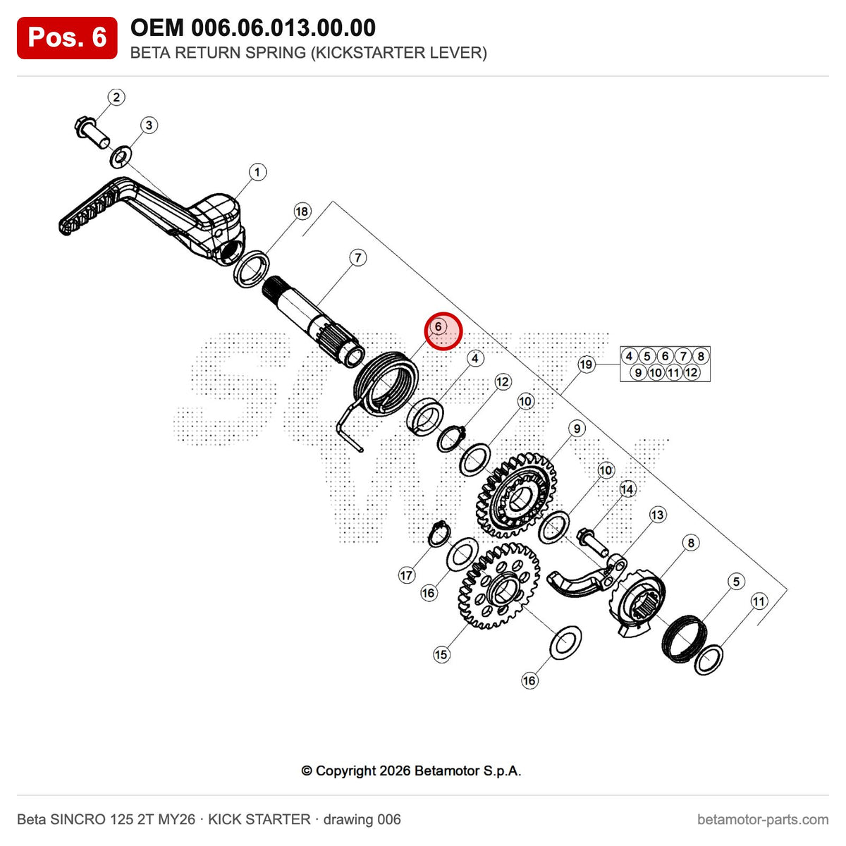 BETA RETURN SPRING (KICKSTARTER LEVER) – OEM 006.06.013.00.00, position 6 on the Beta SINCRO 125 2T MY26 kick starter drawing