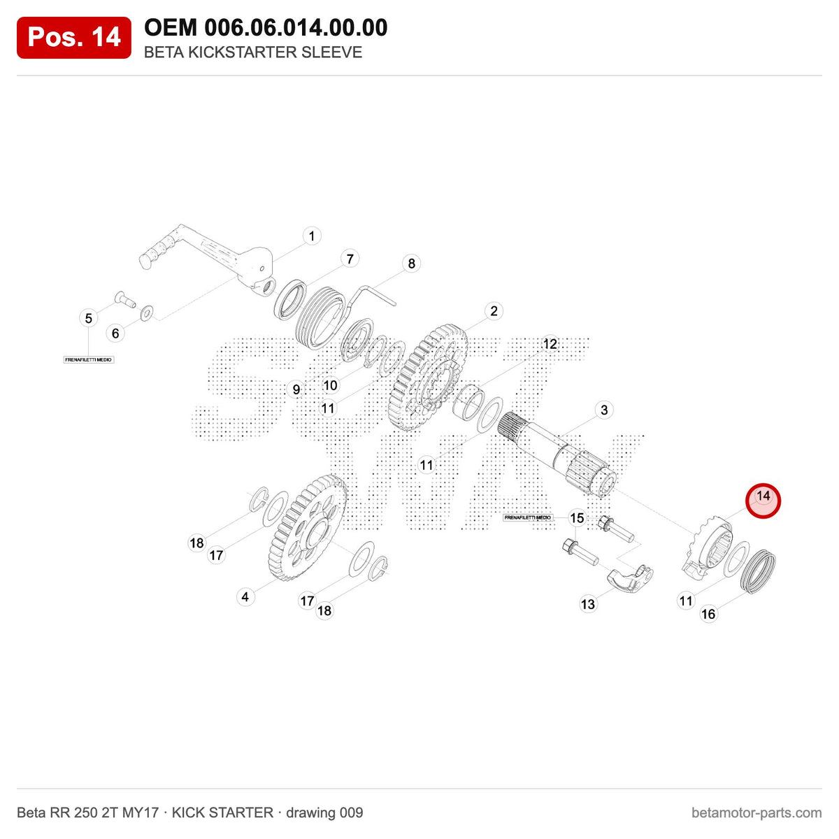 BETA KICKSTARTER SLEEVE – OEM 006.06.014.00.00, position 14 on the Beta RR 250 2T MY17 kick starter drawing