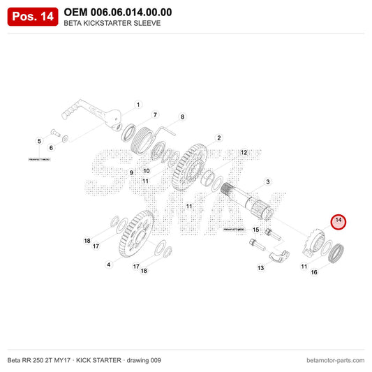 BETA KICKSTARTER SLEEVE – OEM 006.06.014.00.00, position 14 on the Beta RR 250 2T MY17 kick starter drawing