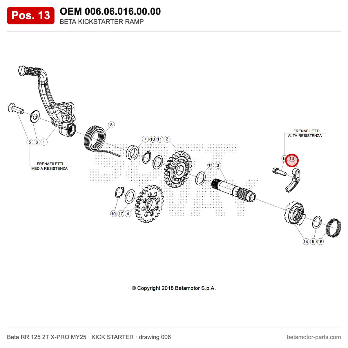 BETA KICKSTARTER RAMP – OEM 006.06.016.00.00, position 13 on the Beta RR 125 2T X-PRO MY25 kick starter drawing