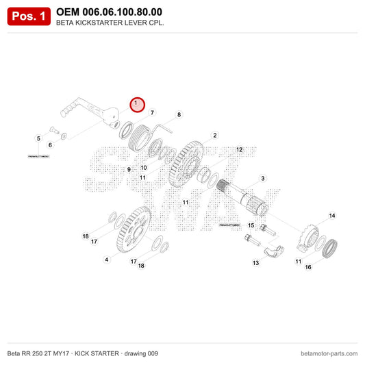 BETA KICKSTARTER LEVER CPL. – OEM 006.06.100.80.00, position 1 on the Beta RR 250 2T MY17 kick starter drawing