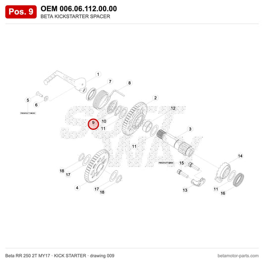 BETA KICKSTARTER SPACER – OEM 006.06.112.00.00, position 9 on the Beta RR 250 2T MY17 kick starter drawing