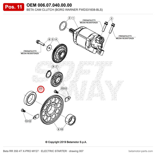 BETA CAM CLUTCH (BORG WARNER FWD331608-BLS) – OEM 006.07.040.00.00, position 11 on the Beta RR 350 4T X-PRO MY27 elettricstarter drawing