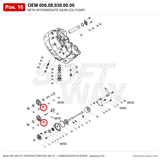 BETA INTERMEDIATE GEAR (OIL PUMP) – OEM 006.08.030.00.00, position 16 on the Beta RR 450 4T STD/FACTORY/XC MY12 lubrication system drawing