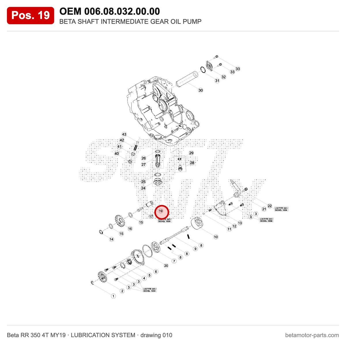 BETA SHAFT INTERMEDIATE GEAR OIL PUMP – OEM 006.08.032.00.00, position 19 on the Beta RR 350 4T MY19 lubrication system drawing