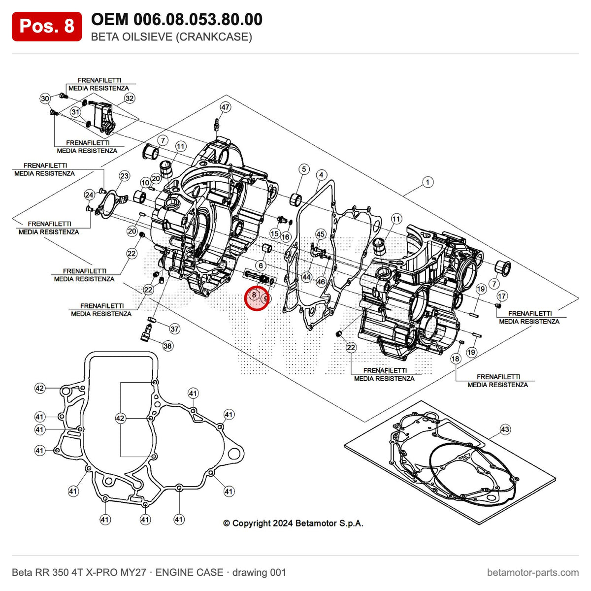 BETA OILSIEVE (CRANKCASE) – OEM 006.08.053.80.00, position 8 on the Beta RR 350 4T X-PRO MY27 engine case drawing