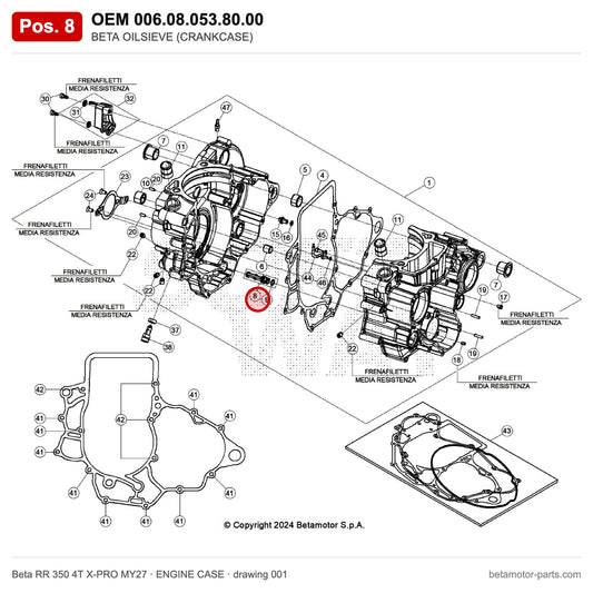 BETA OILSIEVE (CRANKCASE) – OEM 006.08.053.80.00, position 8 on the Beta RR 350 4T X-PRO MY27 engine case drawing