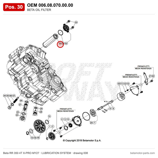 BETA OIL FILTER – OEM 006.08.070.00.00, position 30 on the Beta RR 350 4T X-PRO MY27 lubrication system drawing