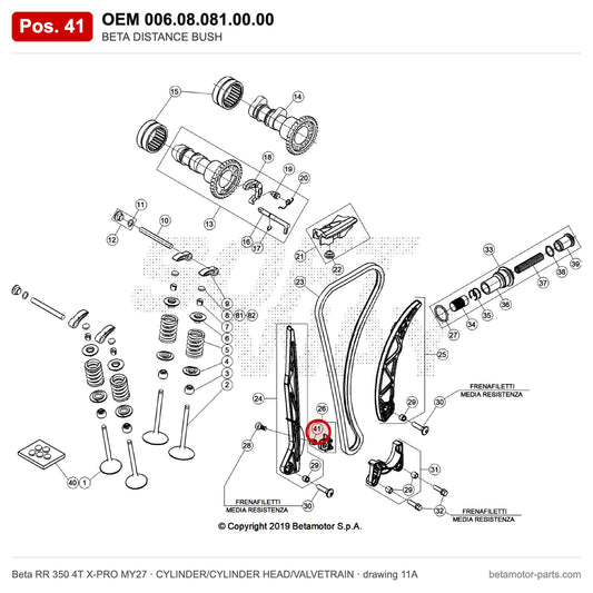 BETA DISTANCE BUSH – OEM 006.08.081.00.00, position 41 on the Beta RR 350 4T X-PRO MY27 cylinder/cylinder head/valvetrain drawing