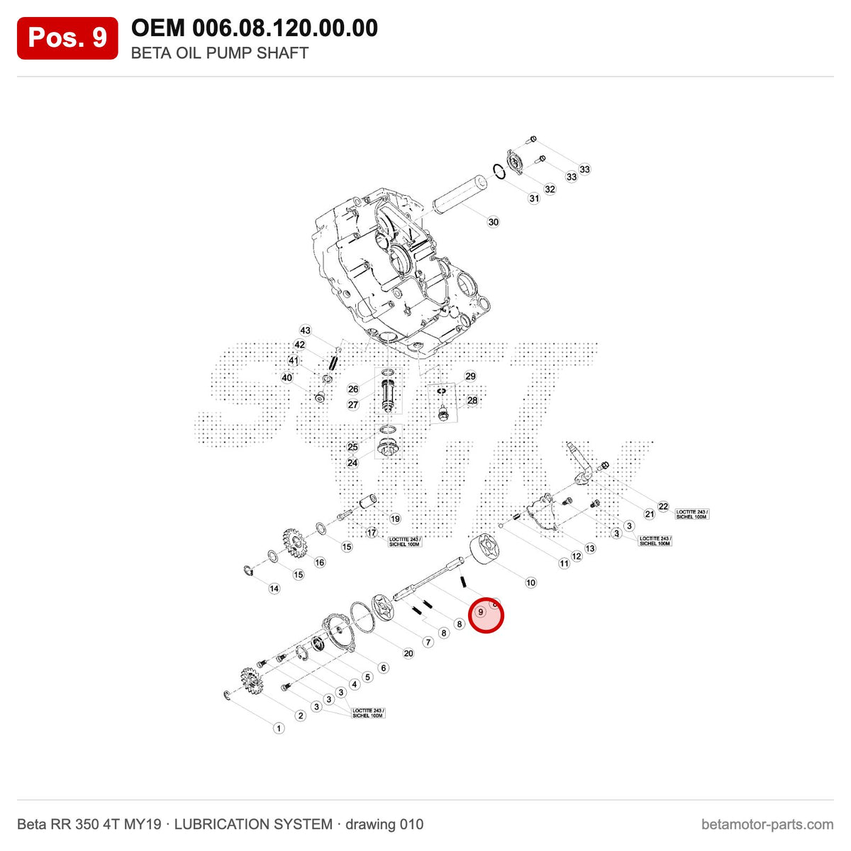 BETA OIL PUMP SHAFT – OEM 006.08.120.00.00, position 9 on the Beta RR 350 4T MY19 lubrication system drawing