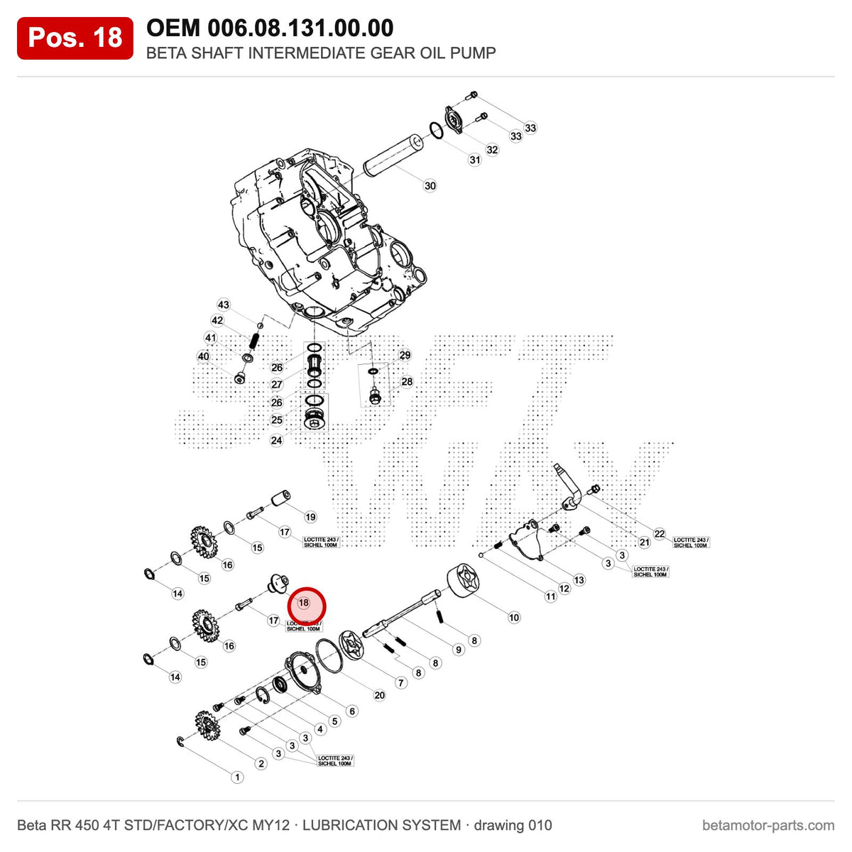 BETA SHAFT INTERMEDIATE GEAR OIL PUMP – OEM 006.08.131.00.00, position 18 on the Beta RR 450 4T STD/FACTORY/XC MY12 lubrication system drawing
