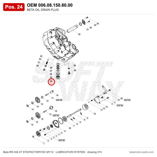 BETA OIL DRAIN PLUG – OEM 006.08.150.80.00, position 24 on the Beta RR 450 4T STD/FACTORY/XC MY12 lubrication system drawing