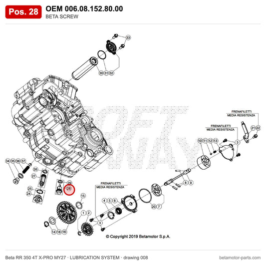 BETA SCREW – OEM 006.08.152.80.00, position 28 on the Beta RR 350 4T X-PRO MY27 lubrication system drawing