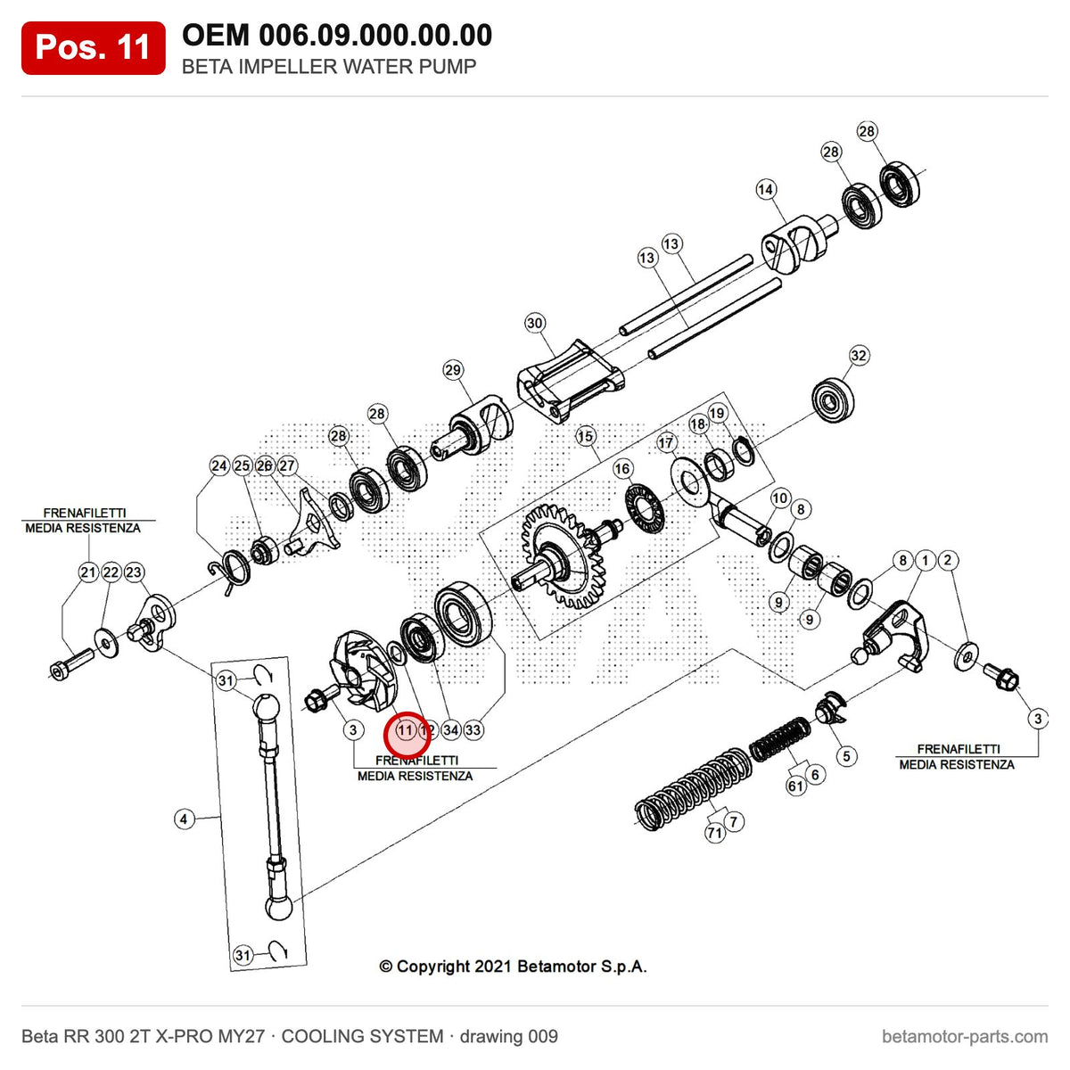BETA IMPELLER WATER PUMP – OEM 006.09.000.00.00, position 11 on the Beta RR 300 2T X-PRO MY27 cooling system drawing