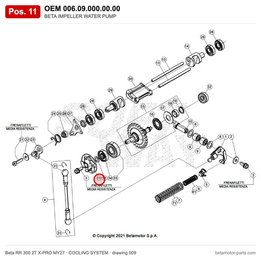 BETA IMPELLER WATER PUMP – OEM 006.09.000.00.00, position 11 on the Beta RR 300 2T X-PRO MY27 cooling system drawing