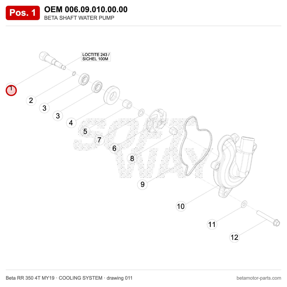 BETA SHAFT WATER PUMP – OEM 006.09.010.00.00, position 1 on the Beta RR 350 4T MY19 cooling system drawing