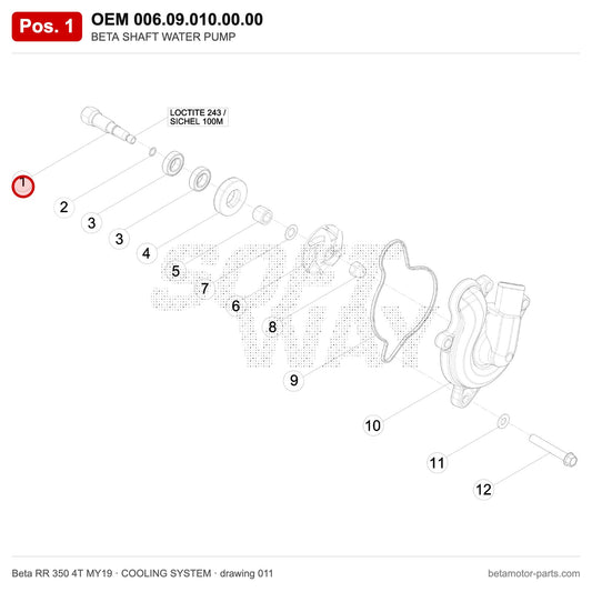 BETA SHAFT WATER PUMP – OEM 006.09.010.00.00, position 1 on the Beta RR 350 4T MY19 cooling system drawing