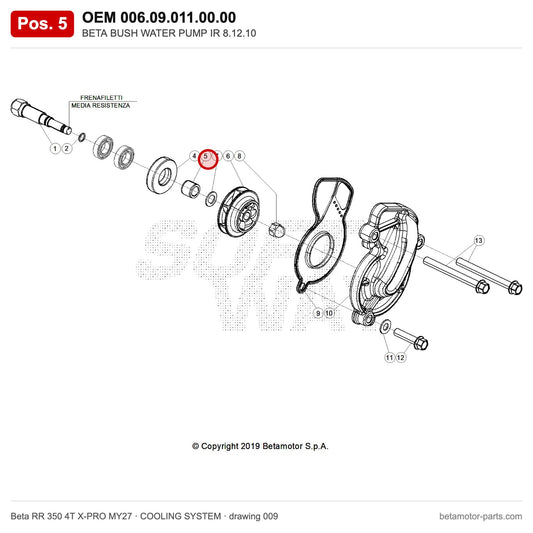 BETA BUSH WATER PUMP IR 8.12.10 – OEM 006.09.011.00.00, position 5 on the Beta RR 350 4T X-PRO MY27 cooling system drawing