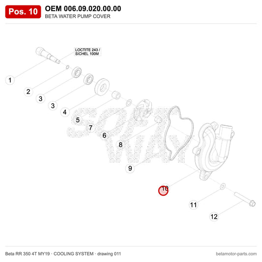 BETA WATER PUMP COVER – OEM 006.09.020.00.00, position 10 on the Beta RR 350 4T MY19 cooling system drawing