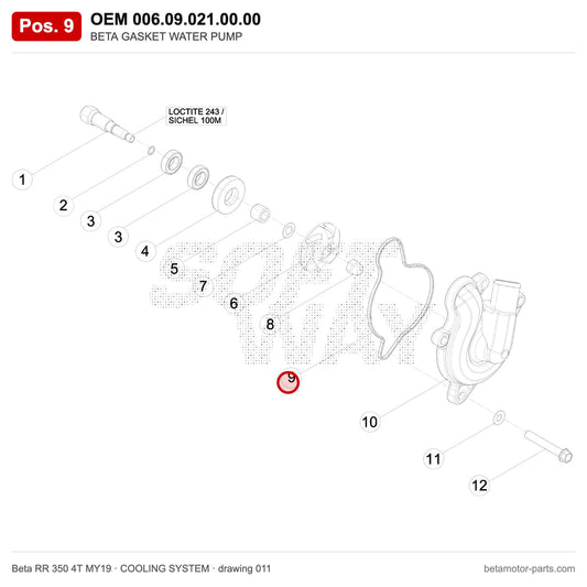 BETA GASKET WATER PUMP – OEM 006.09.021.00.00, position 9 on the Beta RR 350 4T MY19 cooling system drawing