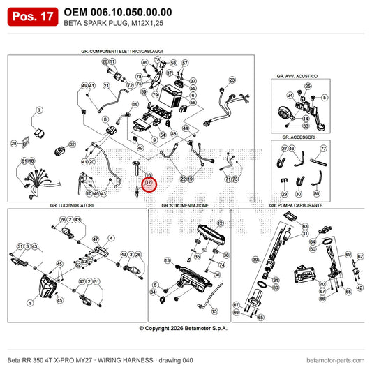 BETA SPARK PLUG, M12X1,25 – OEM 006.10.050.00.00, position 17 on the Beta RR 350 4T X-PRO MY27 wiring harness drawing