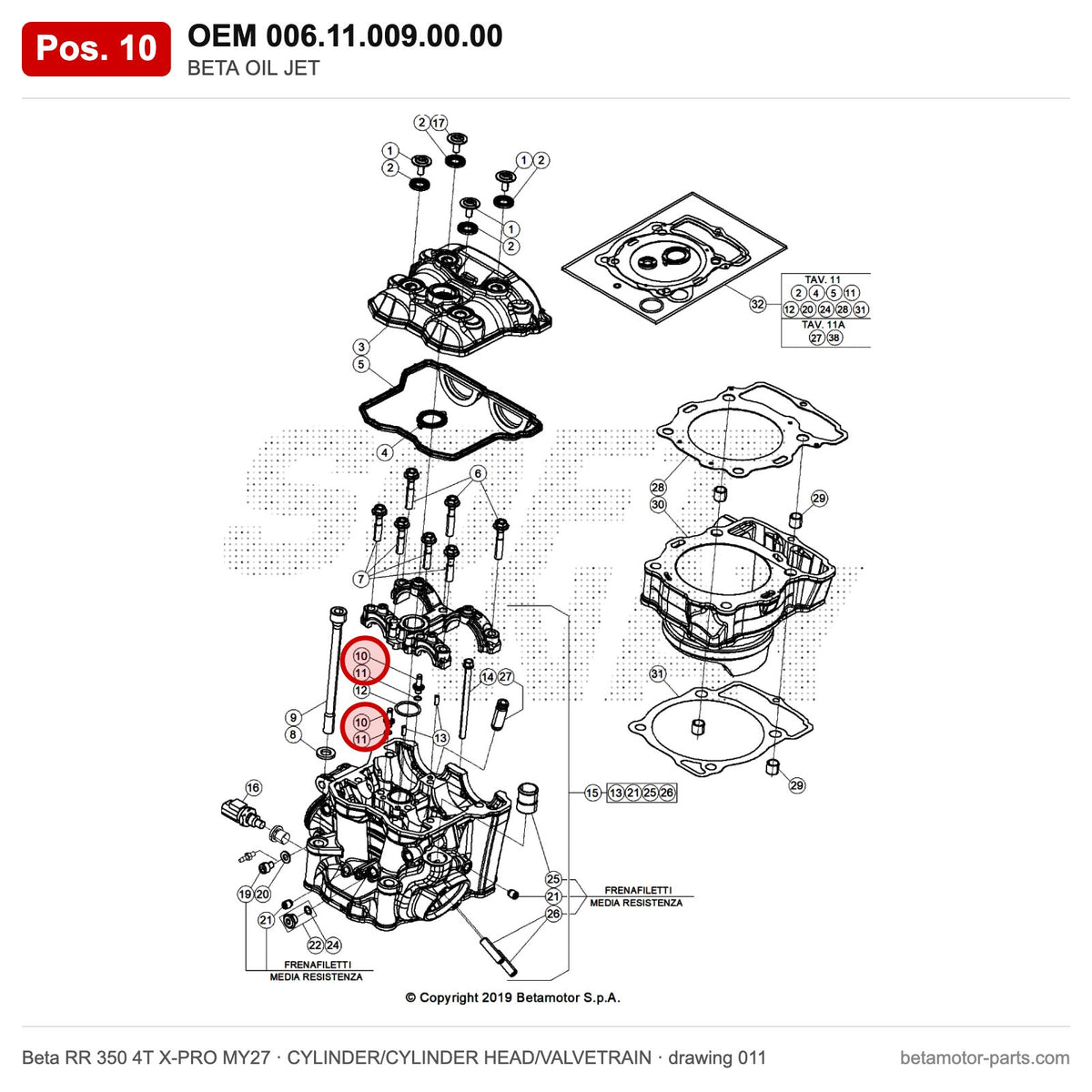 BETA OIL JET – OEM 006.11.009.00.00, position 10 on the Beta RR 350 4T X-PRO MY27 cylinder/cylinder head/valvetrain drawing