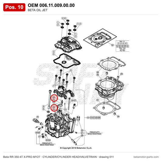 BETA OIL JET – OEM 006.11.009.00.00, position 10 on the Beta RR 350 4T X-PRO MY27 cylinder/cylinder head/valvetrain drawing
