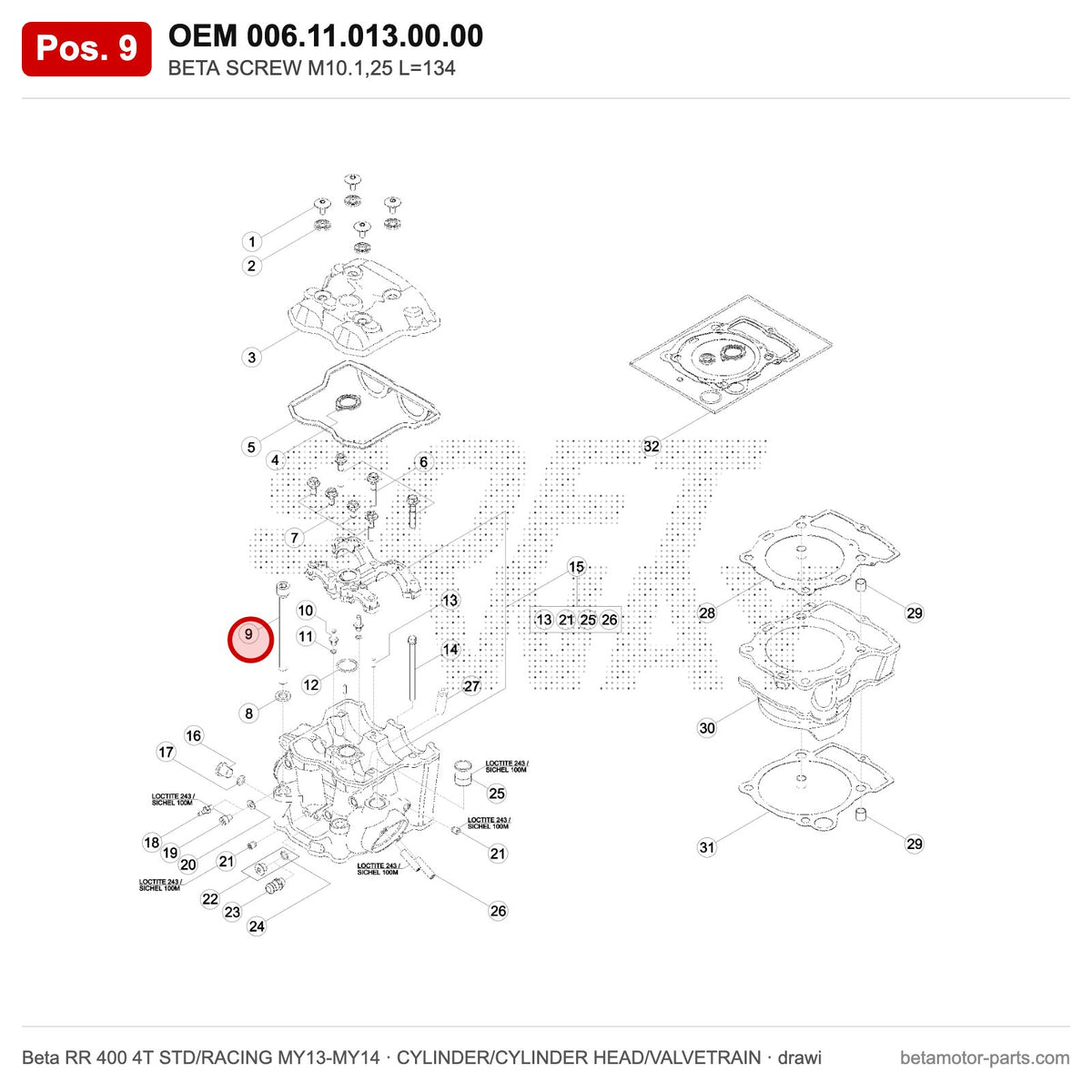 BETA SCREW M10.1,25 L=134 – OEM 006.11.013.00.00, position 9 on the Beta RR 400 4T STD/RACING MY13-MY14 cylinder/cylinder head/valvetrain drawing