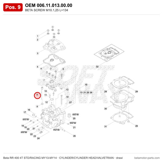 BETA SCREW M10.1,25 L=134 – OEM 006.11.013.00.00, position 9 on the Beta RR 400 4T STD/RACING MY13-MY14 cylinder/cylinder head/valvetrain drawing