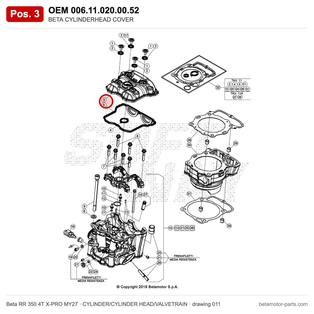 BETA CYLINDERHEAD COVER – OEM 006.11.020.00.52, position 3 on the Beta RR 350 4T X-PRO MY27 cylinder/cylinder head/valvetrain drawing