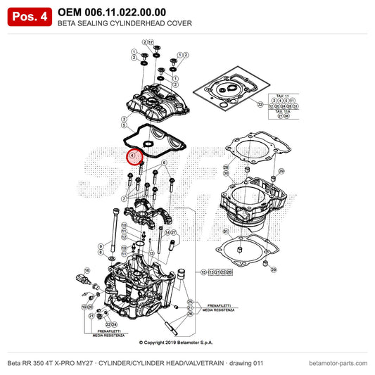 BETA SEALING CYLINDERHEAD COVER – OEM 006.11.022.00.00, position 4 on the Beta RR 350 4T X-PRO MY27 cylinder/cylinder head/valvetrain drawing