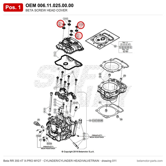 BETA SCREW HEAD COVER – OEM 006.11.025.00.00, position 1 on the Beta RR 350 4T X-PRO MY27 cylinder/cylinder head/valvetrain drawing