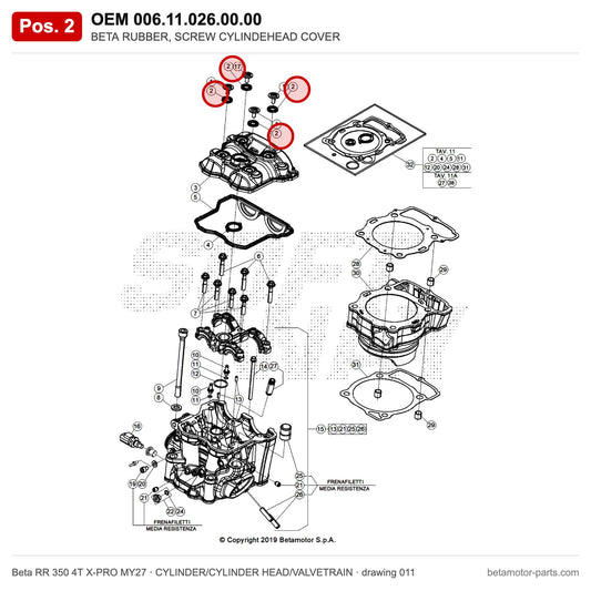 BETA RUBBER, SCREW CYLINDEHEAD COVER – OEM 006.11.026.00.00, position 2 on the Beta RR 350 4T X-PRO MY27 cylinder/cylinder head/valvetrain drawing