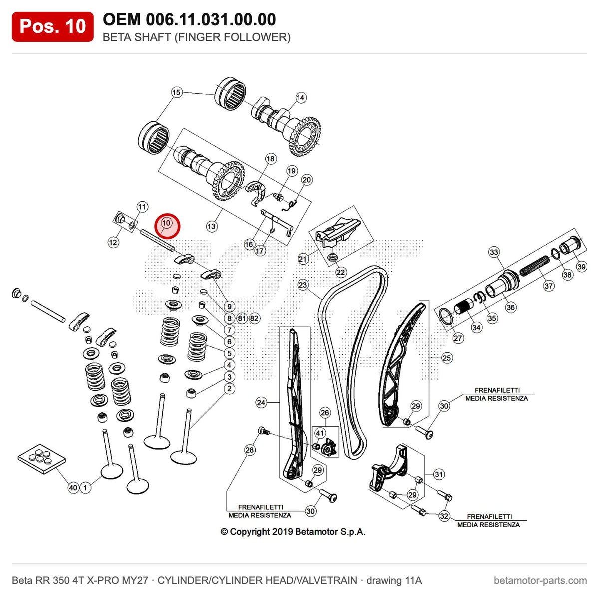 BETA SHAFT (FINGER FOLLOWER) – OEM 006.11.031.00.00, position 10 on the Beta RR 350 4T X-PRO MY27 cylinder/cylinder head/valvetrain drawing