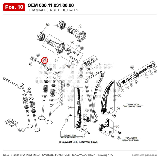 BETA SHAFT (FINGER FOLLOWER) – OEM 006.11.031.00.00, position 10 on the Beta RR 350 4T X-PRO MY27 cylinder/cylinder head/valvetrain drawing