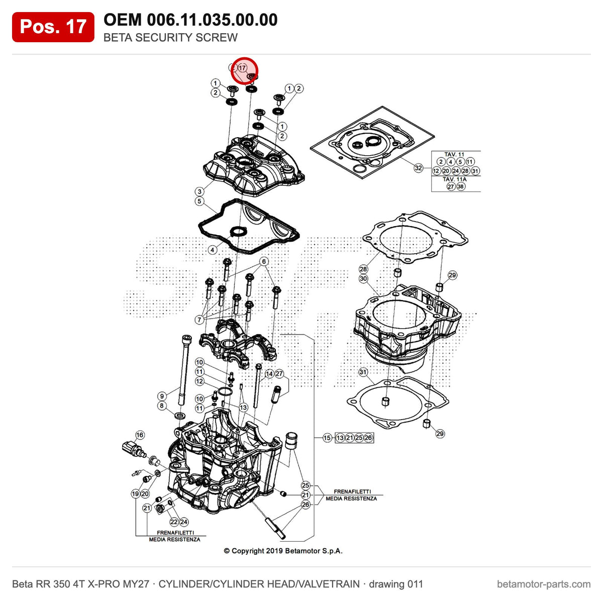 BETA SECURITY SCREW – OEM 006.11.035.00.00, position 17 on the Beta RR 350 4T X-PRO MY27 cylinder/cylinder head/valvetrain drawing