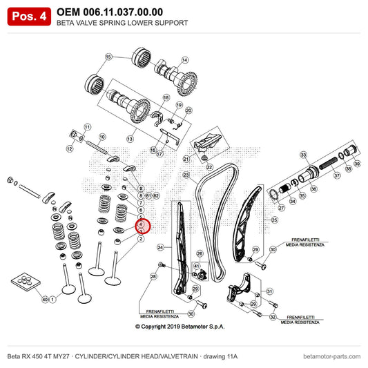 BETA VALVE SPRING LOWER SUPPORT – OEM 006.11.037.00.00, position 4 on the Beta RX 450 4T MY27 cylinder/cylinder head/valvetrain drawing