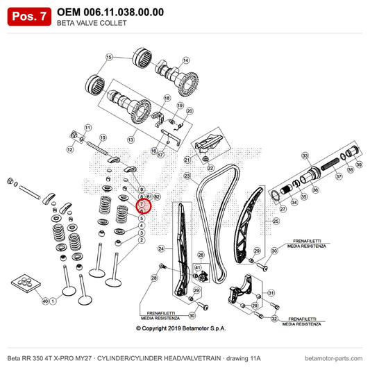 BETA VALVE COLLET – OEM 006.11.038.00.00, position 7 on the Beta RR 350 4T X-PRO MY27 cylinder/cylinder head/valvetrain drawing