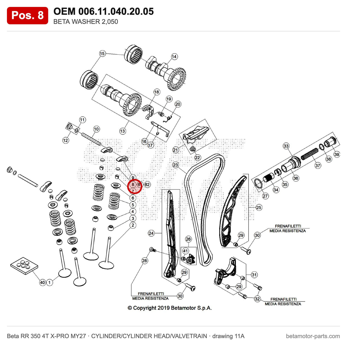 BETA WASHER 2,050 – OEM 006.11.040.20.05, position 8 on the Beta RR 350 4T X-PRO MY27 cylinder/cylinder head/valvetrain drawing