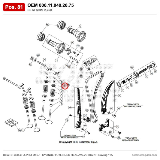 BETA SHIM 2,750 – OEM 006.11.040.20.75, position 81 on the Beta RR 350 4T X-PRO MY27 cylinder/cylinder head/valvetrain drawing