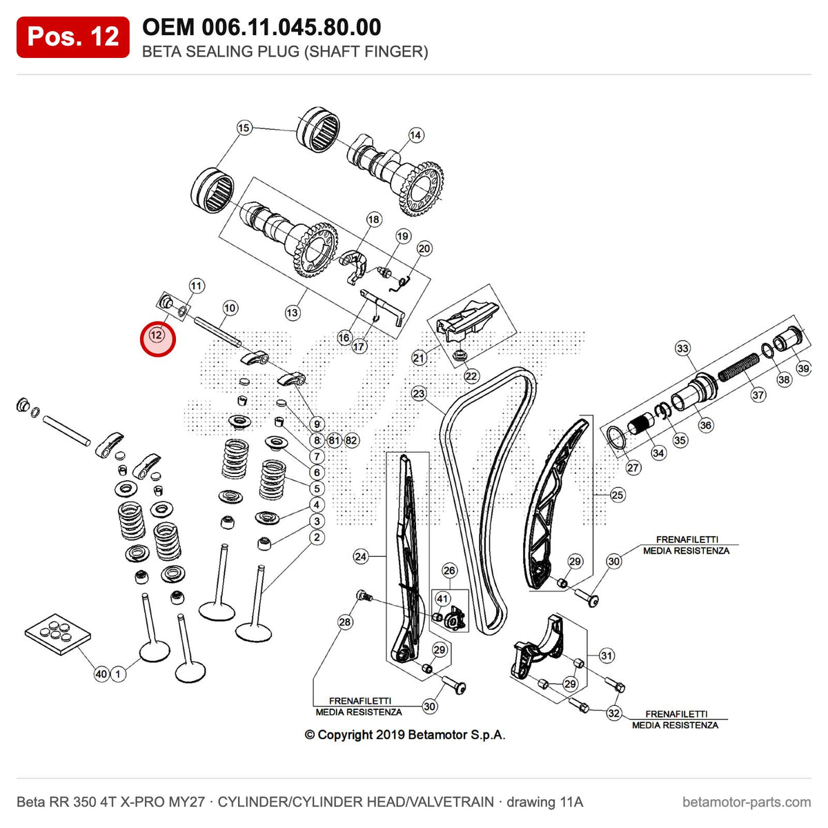 BETA SEALING PLUG (SHAFT FINGER) – OEM 006.11.045.80.00, position 12 on the Beta RR 350 4T X-PRO MY27 cylinder/cylinder head/valvetrain drawing