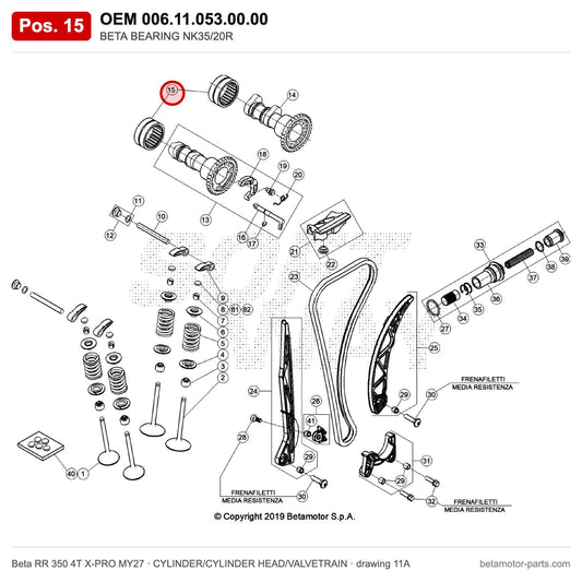 BETA BEARING NK35/20R – OEM 006.11.053.00.00, position 15 on the Beta RR 350 4T X-PRO MY27 cylinder/cylinder head/valvetrain drawing
