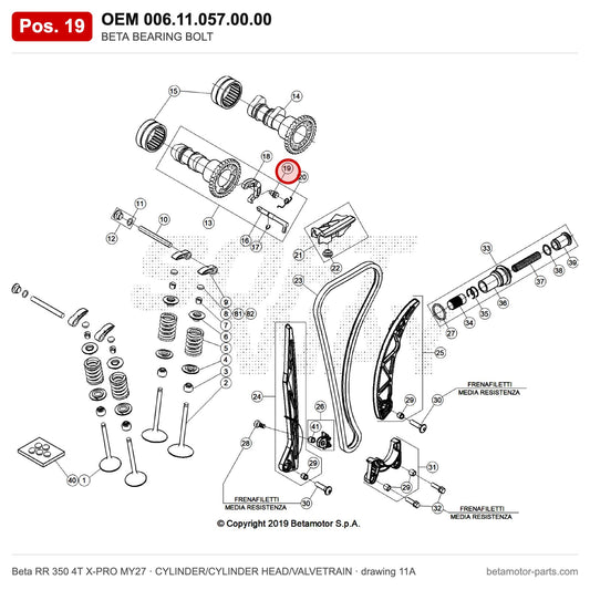 BETA BEARING BOLT – OEM 006.11.057.00.00, position 19 on the Beta RR 350 4T X-PRO MY27 cylinder/cylinder head/valvetrain drawing