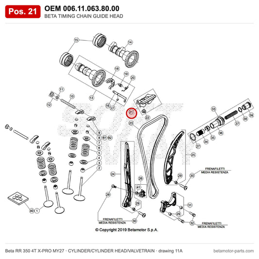 BETA TIMING CHAIN GUIDE HEAD – OEM 006.11.063.80.00, position 21 on the Beta RR 350 4T X-PRO MY27 cylinder/cylinder head/valvetrain drawing