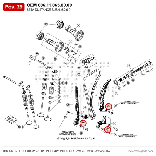 BETA DUSTANCE BUSH, 6,2.9.9 – OEM 006.11.065.00.00, position 29 on the Beta RR 350 4T X-PRO MY27 cylinder/cylinder head/valvetrain drawing
