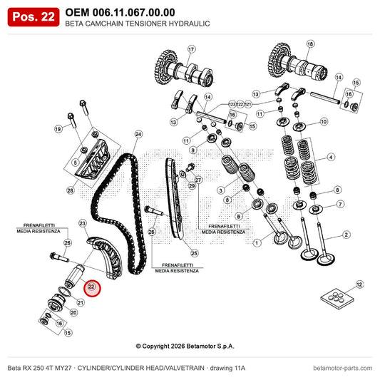 BETA CAMCHAIN TENSIONER HYDRAULIC – OEM 006.11.067.00.00, position 22 on the Beta RX 250 4T MY27 cylinder/cylinder head/valvetrain drawing