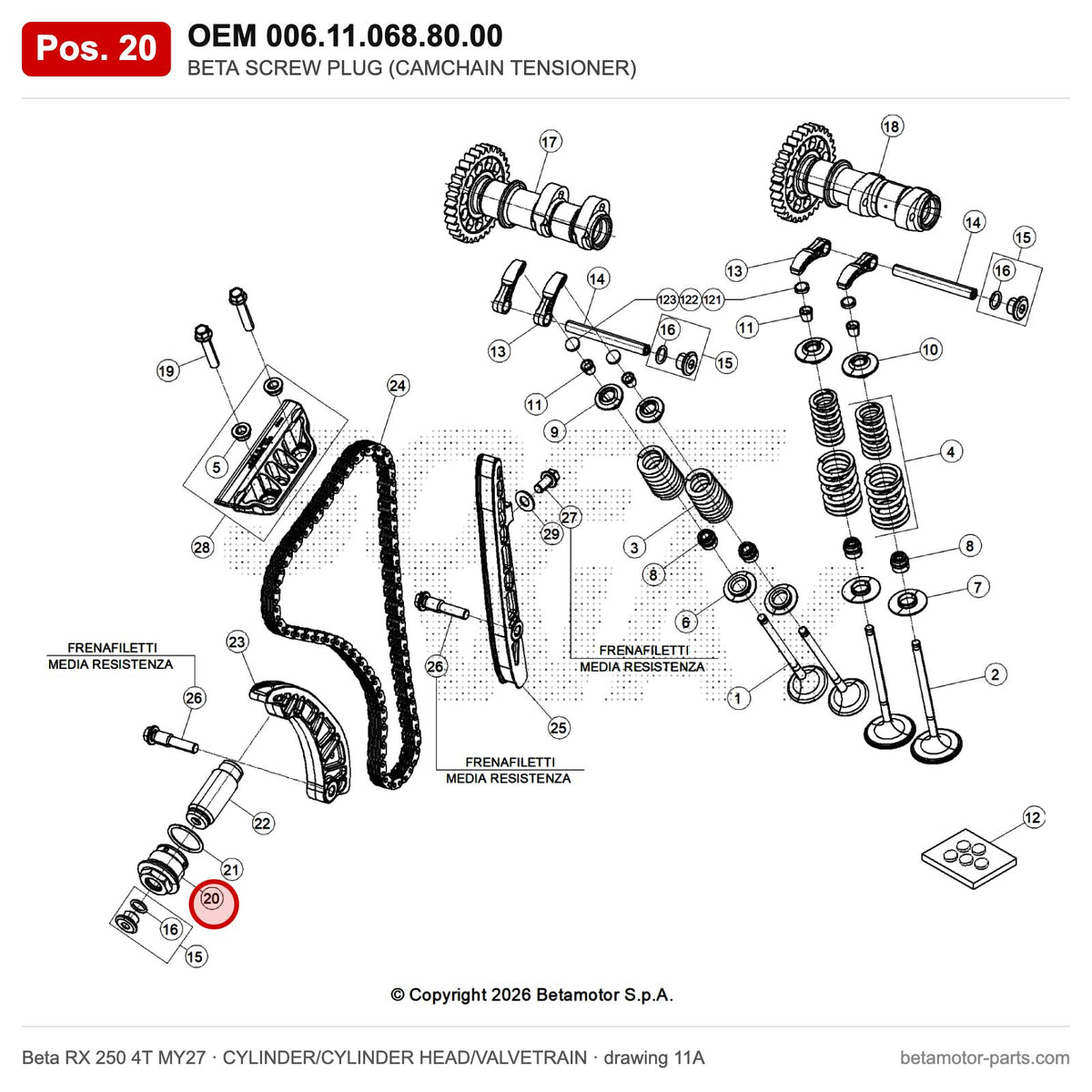 BETA SCREW PLUG (CAMCHAIN TENSIONER) – OEM 006.11.068.80.00, position 20 on the Beta RX 250 4T MY27 cylinder/cylinder head/valvetrain drawing