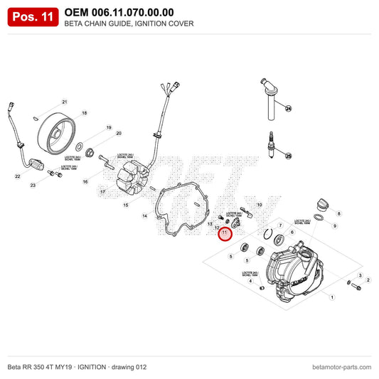 BETA CHAIN GUIDE, IGNITION COVER – OEM 006.11.070.00.00, position 11 on the Beta RR 350 4T MY19 ignition drawing